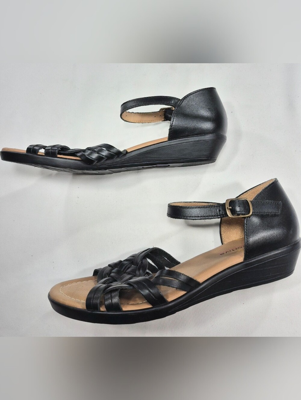 Comfortiva Black Leather Woven Ankle-Strap Wedge Sandals